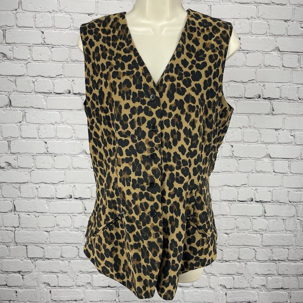 Bloomingdale’s Brown Leopard 100% Silk Button Up Blouse Top Lined Vest Size 10